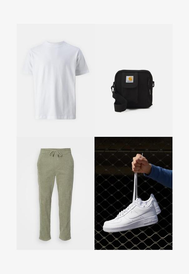 Biela krátkoročná tričko vyrobené z bavlny, s okrúhlym výstrihom a hladkou textúrou, s rovným strihom a bez vzorov.; Khaki kordúrové nohavice s elastickým pásom, nastaviteľnou šnúrkou a rovnými nohavicami. Majú výraznú rebrovú textúru po celej ploche.; Biele kožené tenisky s perforáciami, okrúhlou špičkou, plochou podrážkou a hrubými šnúrkami, pričom majú viditeľné logo swoosh a nápis "AIR" na päte.; Čierna crossbody taška so zipsom, hlavnou priehradkou, prednou kapsou, nastaviteľným popruhom a viditeľnou nášivkou loga na klape.