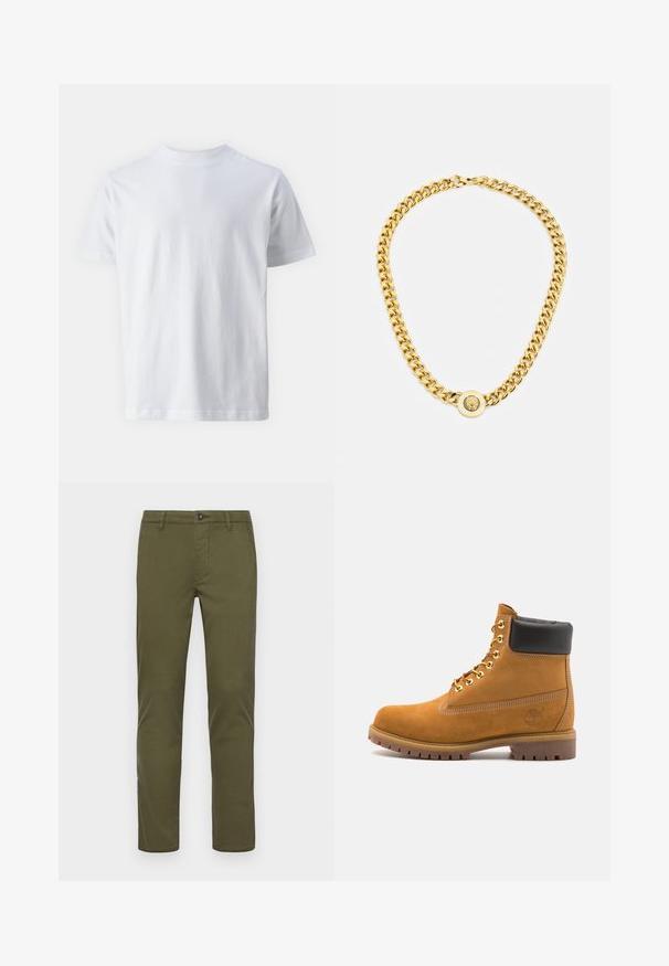 T-shirt bianca a maniche corte realizzata in cotone, con scollo rotondo e una texture liscia, dal taglio dritto e senza fantasie.; Chino in cotone verde oliva con un design a gamba dritta, dotati di chiusura anteriore a bottone, tasche laterali e orli puliti.; Stivale alla caviglia in suede tan con collare imbottito nero, occhielli in metallo dorato, dettagli in cucitura bianca e suola in gomma robusta con battistrada pronunciato.; Collana in oro con grandi anelli intrecciati, caratterizzata da un dettaglio pendente circolare al centro con un emblema in rilievo.