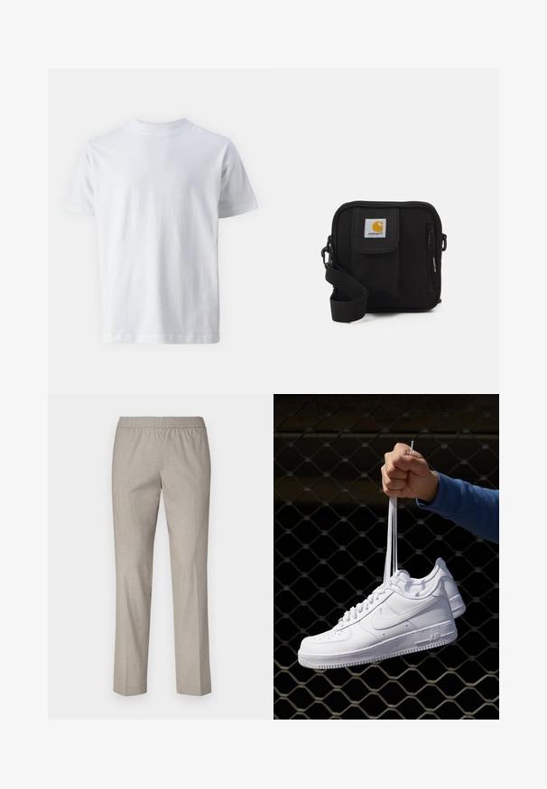 Bílá polo tričko s krátkým rukávem vyrobené z bavlny, s kulatým výstřihem a hladkou texturou, se rovnými liniemi a bez vzorů.; Světlé šedé kalhoty s elastickým pasem, rovný střih a hladká textura látky. Žádné viditelné vzory ani kovové detaily.; Bílé kožené tenisky s perforacemi, kulatou špičkou, plochou podrážkou a silnými tkaničkami, které mají viditelné logo swoosh a nápis "AIR" na patě.; Černá crossbody taška s hlavním oddílem na zip, přední kapsou, nastavitelním popruhem a viditelnou logem na klopě.