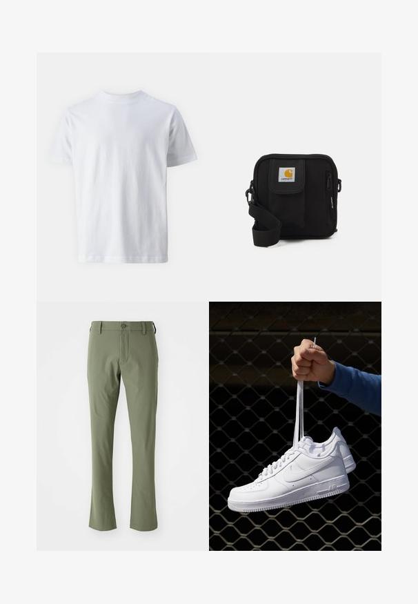 White short-sleeve t-shirt made of cotton, featuring a crew neckline and a smooth texture, with a straight cut and no patterns.; Green tailored pants with a slim fit, made from smooth fabric. Features a front zipper, button closure, and straight hems.; White leather sneakers with perforations, round toe, flat sole, and thick laces, featuring a visible swoosh logo and "AIR" on the heel.; Black crossbody bag with a zippered main compartment, front pocket, adjustable strap, and a visible logo patch on the flap.