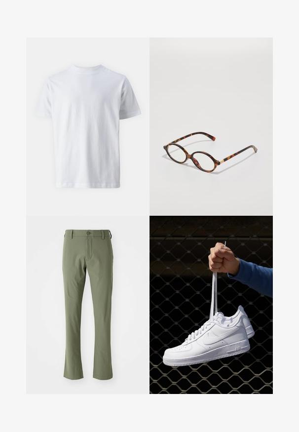 Bela kratka majica s kratkimi rokavi, narejena iz bombaža, z okroglo ovratnikom in gladko teksturo, s pravim krojem in brez vzorcev.; Zelene krojene hlače z ozkim krojem, izdelane iz gladkega materiala. Imajo sprednji zadrgo, gumbasto zapiranje ter ravne robove.; Bela usnjena športna obutev s perforacijami, okroglo konico, ravnim podplatom in debelimi vezalkami, z vidnim logotipom smoosh in napisom "AIR" na peti.; Želve spekaste očala z ovalnimi okvirji, prozornimi lečami in zlatimi detajli. Imajo ukrivljene nosilce in gladko, sijajno površino.