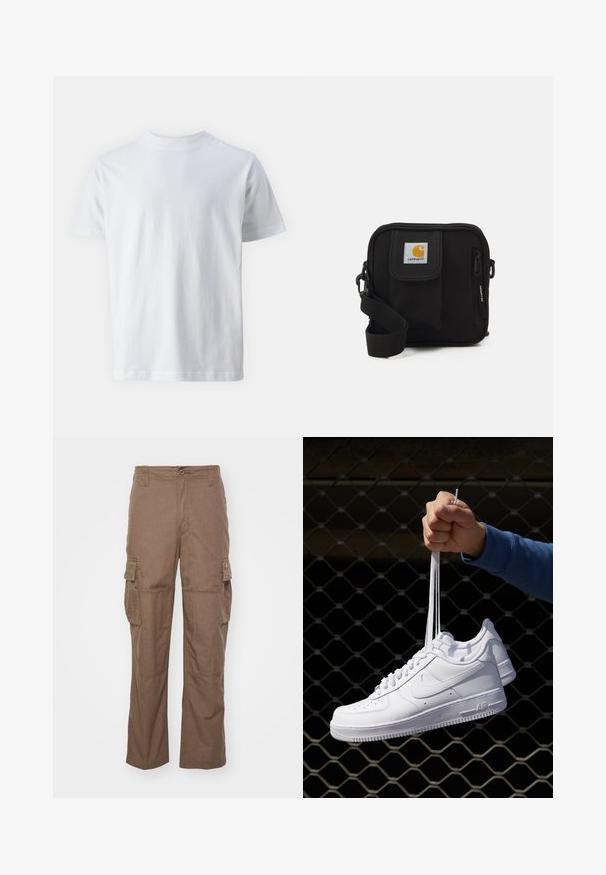 Bela kratka majica s kratkimi rokavi, narejena iz bombaža, z okroglo ovratnikom in gladko teksturo, s pravim krojem in brez vzorcev.; Rjave cargo hlače iz teksturirane tkanine, ki imajo dva stranska žepa, zapiranje na gumb in raven kroj nogavic.; Bela usnjena športna obutev s perforacijami, okroglo konico, ravnim podplatom in debelimi vezalkami, z vidnim logotipom smoosh in napisom "AIR" na peti.; Črna torba čez ramo z zadrgo v glavni preddverju, sprednjim žepom, nastavljivim trakom in vidno oznako na pokrovu.