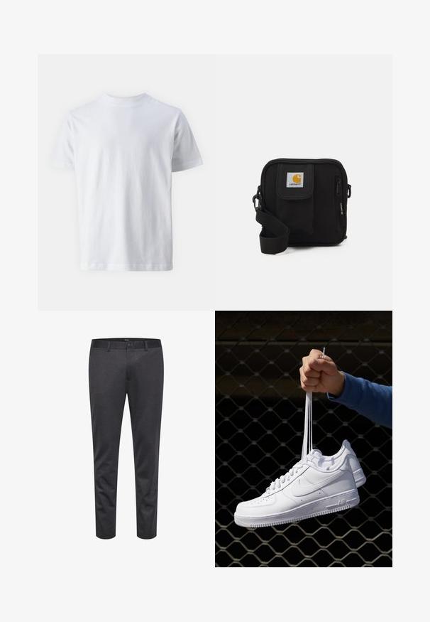 Balts īsām piedurknēm t-krekls, kas izgatavots no kokvilnas, ar apaļu kakla izgriezumu un gludu tekstūru, ar taisnu griezumu un bez rakstiem.; Pelēki slaidi bikses, izgatavotas no strukturētas auduma, ar pogu aizdari, jostu cilpām un strukturētu siluetu ar sašaurinātām kājām.; Baltas ādas sporta apavi ar perforācijām, apaļu purngali, plakanu zoli un biezām šņorēm, ar redzamu swoosh logo un vārdu "AIR" uz papēža.; Melna plecu soma ar rāvējslēdzēja galveno nodalījumu, priekšējo kabatu, regulējamu siksnu un redzamu logotipa tagu uz vāka.