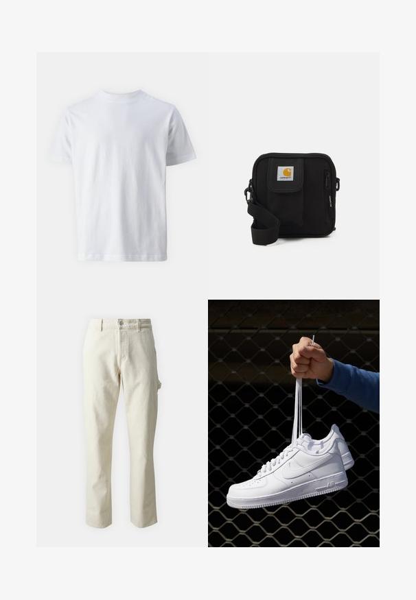 White short-sleeve t-shirt made of cotton, featuring a crew neckline and a smooth texture, with a straight cut and no patterns.; Beige straight-leg trousers made of cotton with a soft texture, featuring a front button closure and side pocket detail.; White leather sneakers with perforations, round toe, flat sole, and thick laces, featuring a visible swoosh logo and "AIR" on the heel.; Black crossbody bag with a zippered main compartment, front pocket, adjustable strap, and a visible logo patch on the flap.