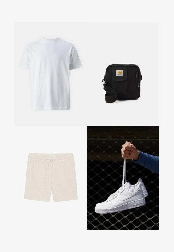 T-shirt blanc à manches courtes en coton, avec un col rond et une texture lisse, à coupe droite et sans motifs.; Shorts beige clair en matériau doux, dotés d'une taille à cordon de serrage, de poches latérales et d'une texture légèrement mouchetée.; Baskets en cuir blanc avec perforations, à bout rond, semelle plate et lacets épais, arborant un logo swoosh visible et "AIR" sur le talon.; Sac bandoulière noir avec un compartiment principal zippé, une poche frontale, une sangle ajustable et un patch logo visible sur le rabat.