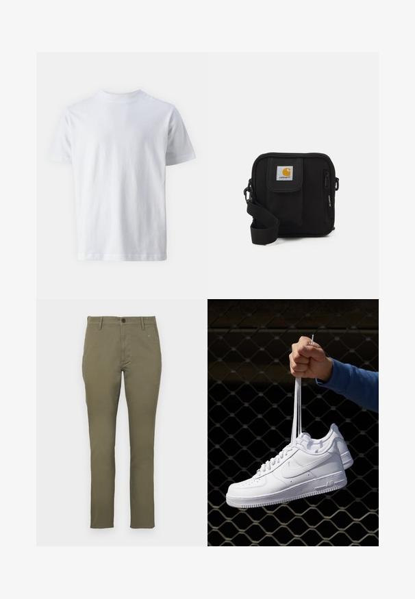 Baltas trumpas rankovėmis marškinėliai, pagaminti iš medvilnės, su apvaliu iškirpimu ir lygiu paviršiumi, tiesaus kirpimo ir be raštų.; Alyvuogių žalia, tvirtai priglundančios chino kelnės, pagamintos iš medvilnės su glotnia tekstūra. Savybės: užsegimas mygtuku ir keturios kišenės. Paprastas, minimalistinis dizainas.; Balti odiniai sportiniai bateliai su perforacijomis, apvalia nosimi, plokščiu padu ir storomis raištelėmis, su matomu swoosh logotipu ir "AIR" ant kulno.; Juoda petnešų rankinė su užtrauktuku pagrindiniame skyriuje, priekinė kišenė, reguliuojama juostele ir matoma logotipo etikete ant uždaromo dangtelio.