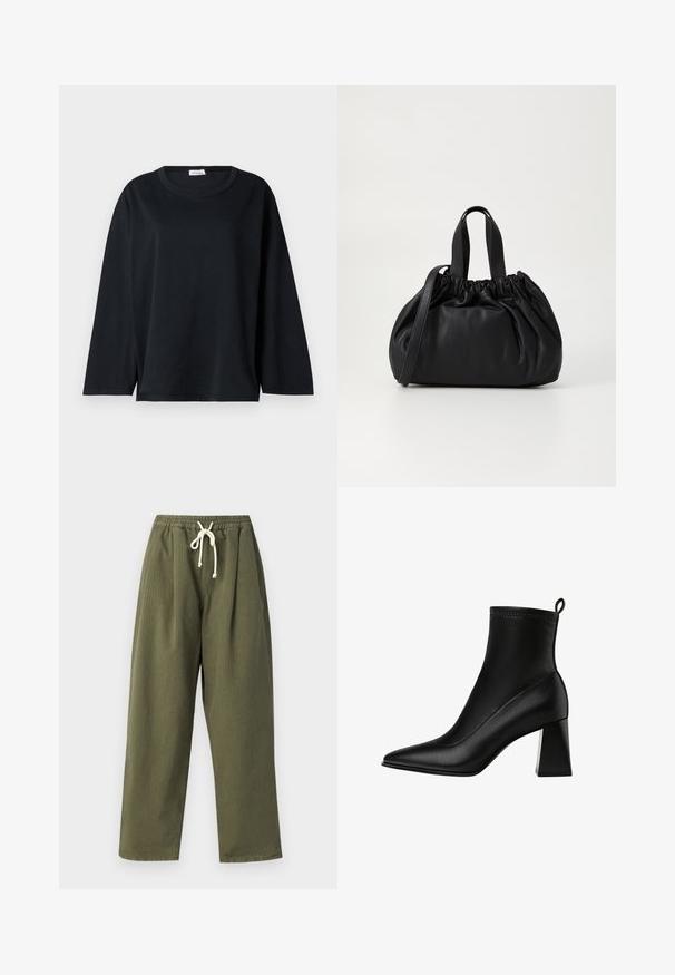 T-shirt noir à manches longues en coton avec un col rond, coupe décontractée et fentes sur les côtés à l'ourlet pour plus de liberté de mouvement.; Pantalons olive-verts à jambes larges avec une taille élastique et un cordon blanc. Le tissu a une texture ribbed subtile.; Stradivarius STRETCH - Bottines - black; Sac à main en cuir noir avec un design à haut froncé, doté de deux poignées courtes et d'une bandoulière longue et réglable. Texture lisse, forme arrondie.