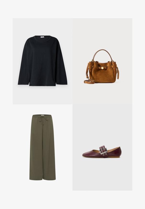 Black long-sleeve t-shirt in cotton with a round neckline, relaxed fit, and side slits at the hem for ease of movement.; Olive green wide-leg trousers with a soft texture, elastic waistband, adjustable drawstring, and no visible patterns or accents.; Burgundy leather ballet flat with pointed toe, wide strap featuring a silver buckle and multiple holes, flat sole, smooth texture.; Brown suede handbag featuring a rounded shape, short handles, and a detachable strap. Accented with a gold button and square patches.