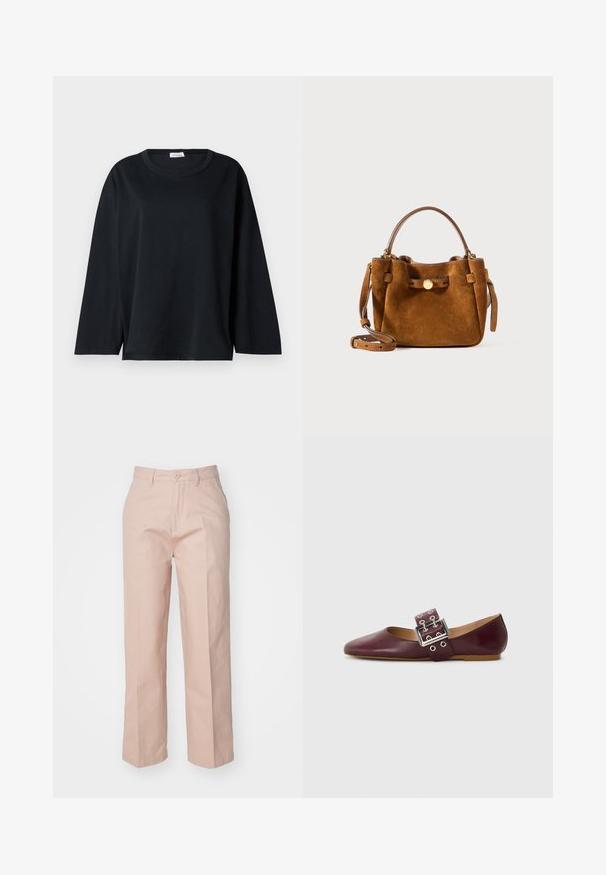 Must mustrikkiga must T-särk puuvillast, ümar kaelus, vaba lõige ning küljes avad, et liikumine oleks mugav.; Kerged roosa, kõrge vöökohaga püksid, mis on valmistatud puuvillasegusest kangast. Omavad esist nööbist sulgemist, sirgeid sääri ja traditsioonilisi taskuid.; Burgundi nahkased lihtjalatsid terava varbaga, laia rihmaga, millel on hõbe nööp ja mitmed augud, lame talla ja siledat tekstuuri.; Pruunast sametist käekott, millel on ümar kuju, lühikesed sangad ja eemaldatav rihm. Kaunistatud kuldse nupu ja ruudukujuliste plaastritega.