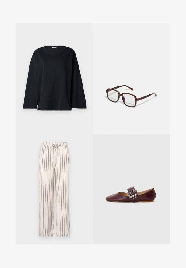 Tricou negru cu mânecă lungă din bumbac, cu decolteu rotund, croială lejeră și slituri laterale la tiv pentru un confort sporit în mișcare.; Pantaloni din in cu dungi verticale bleumarin, talie elastică și detaliu cu șnur. Cu o croială lejeră, cu picioare drepte și o textură moale.; Balerini din piele burgundy, cu vârful ascuțit, curea lată cu o cataramă argintie și multiple găuri, talpă plată, textură netedă.; Ochelari de vedere dreptunghiulari, maro, cu lentile transparente și nuanțe de violet. Cadru din plastic neted cu brațe drepte și accente subtile.; Geantă din suede maro, cu o formă rotunjită, mânere scurte și o curea detașabilă. Accentuata cu un buton auriu și plăci pătrate.