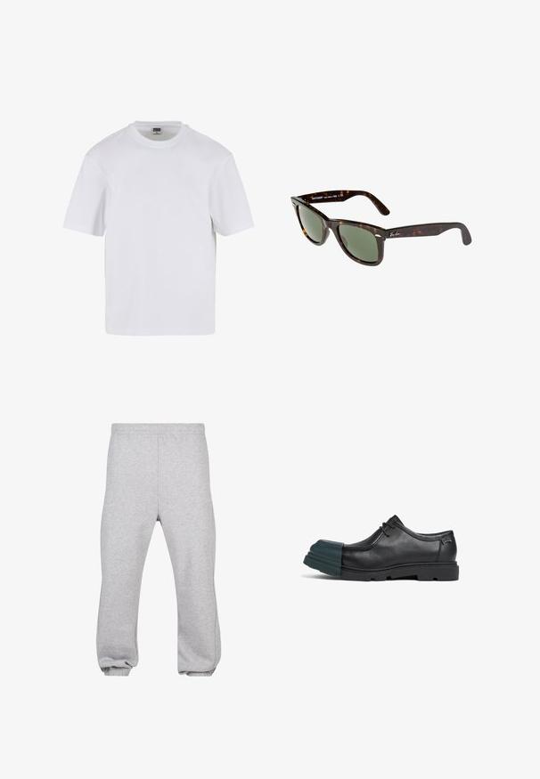 T-shirt blanc à manches courtes en coton. Il présente un col rond et une coupe décontractée. Texture lisse, design minimaliste, sans motifs ni accents.; Pantalons de survêtement gris en mélange de coton, dotés d'une taille élastique, de jambes fuselées et d'ourlets côtelés. Design simple sans motifs.; Chaussure en cuir noir avec un bout arrondi, ornée d'un revêtement en caoutchouc vert. Conçue avec une finition lisse et une semelle épaisse et texturée.; Lunettes de soleil Wayfarer avec monture en plastique écaille noire, verres verts et logo Ray-Ban argenté sur la branche.; Sac de voyage en cuir marron avec fermeture éclair, doubles poignées, bandoulière réglable et motifs de texture visibles sur la surface.