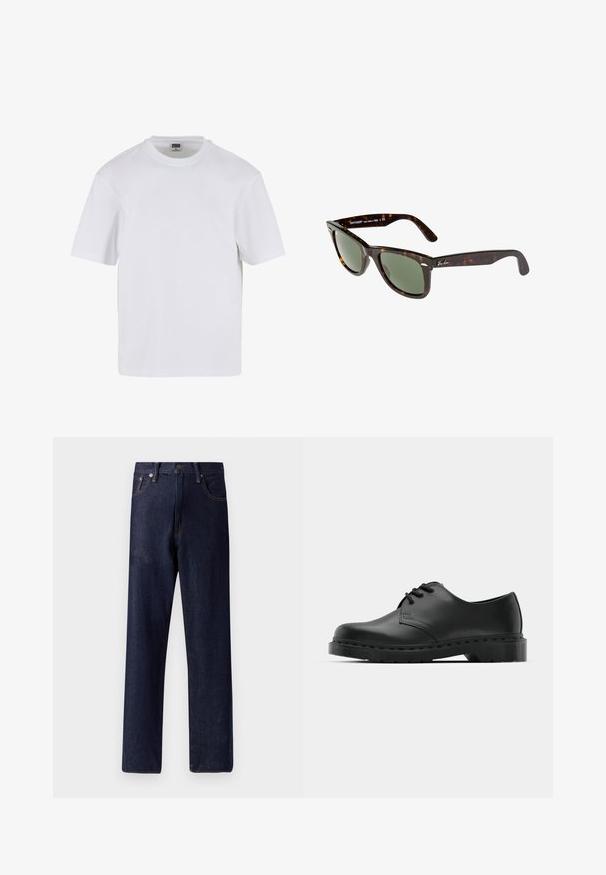 Biela polokošeľa s krátkym rukávom vyrobená z bavlny. Má okrúhly výstrih a voľný strih. Hladká textúra, minimalistický dizajn, bez vzorov alebo akcentov.; Tmavomodré džínsy so rovnými nohavicami, piatimi vreckami a nenápadnými švovými detailmi. Stredne vysoký pás s kovovým gombíkom a zipsovým zapínaním.; Čierne kožené oxfordky s viazaním, zaoblenou špičkou, plochou gumovou podrážkou a jemným prešívaním pozdĺž hornej časti.; Slnečné okuliare Wayfarer s tmavoželvovým plastovým rámom, zelenými sklami a strieborným logom Ray-Ban na nožičke.