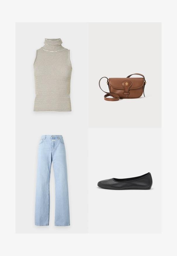 Bez rękawów top w golf z pionowymi czarno-białymi paskami, wykonany z teksturowanej dzianiny, z wysokim, dopasowanym kołnierzem.; Jasnoniebieskie dżinsy typu wide-leg, wykonane z denimu; mają pięć kieszeni, zapięcie na guziki z przodu i subtelne wyblaknięcia na materiale.; Czarne skórzane baletki z zaokrąglonym noskiem, gładką fakturą, minimalnymi przeszyciami i elastycznym designem podeszwy.; Brązowa skórzana torba na ramię z zaokrąglonym klapą, złotym okuciem i dekoracyjnym logo. Pasek jest regulowany i ma gładką fakturę.