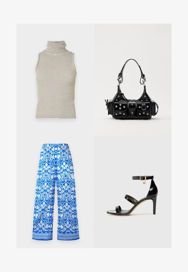 Top fără mâneci, cu guler înalt și strâns, realizat dintr-un material tricotat texturat, având dungi verticale negre și albe.; Pantaloni largi alb-albaștri cu talie elastică și un model damasc floral complicat, având o margine decorativă aproape de tiv.; Sandale negre din piele lacuită, cu trei curele, cataramă la glezna și toc stiletto de 10 cm. Prezintă detalii din metal auriu și un charm cu logo.; Geantă de piele neagră cu un design curbat, dotată cu studuri argintii, o cataramă și două buzunare laterale. Curea ajustabilă pentru opțiuni de transport.