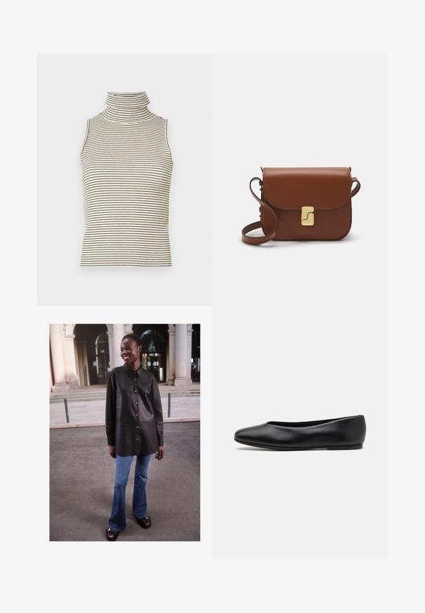 Sleeveless turtleneck top with vertical black and white stripes, made of a textured knit fabric, featuring a high, snug collar.; Black leather shirt with button closure, collared design, and front pocket, paired with flared blue denim jeans and black sandals.; Paul Smith TOPANGA - Ballet pumps - black; Brown leather handbag with a flap closure, gold-tone hardware, a shoulder strap, and a smooth texture. Compact rectangular shape.