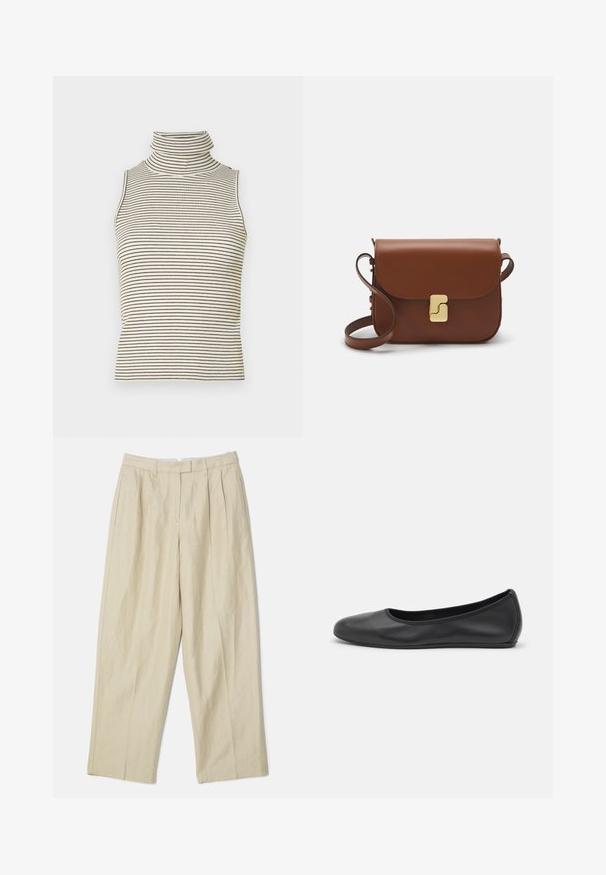 Varrukateta turtleneck-särk, millel on vertikaalsed mustad ja valged triibud, valmistatud tekstureeritud kudumkangast ning millel on kõrge ja tihedalt istuv krae.; Beesidiselt lõngast püksi laiade jalgadega disainiga, ees volditud, küljetaskudega ja siledast tekstuurist. Klassikaline lõige ja mitmekülgne stiil.; Musthave mustika tantsutossud mustast nahast, ümmarguse varbaga, siledast tekstuurist, minimaalse õmblusdetailiga ja paindliku tallakujundusega.; Pruunist nahast käekott, millel on klapiga sulgur, kuldne riistvara, õlarihm ja sile tekstuur. Kompaktne ristkülikukujuline vorm.