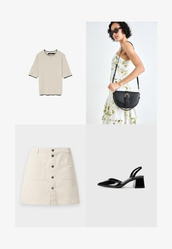 T-shirt à manches courtes de couleur beige clair avec un col rond et une bordure noire contrastante au niveau du col et des manches, présenté à plat.; Mini jupe en velours côtelé beige avec fermeture à boutons sur le devant, deux grandes poches plaquées et passants de ceinture à la taille.; Escarpins en cuir verni noir avec bout pointu et talon bloc géométrique. Présente un design élégant et minimaliste ainsi qu'une texture lisse.; Sac à main en cuir noir avec une forme courbée, bandoulière amovible et des accessoires en or. Le sac est doté d'un rabat avec un détail de boucle.