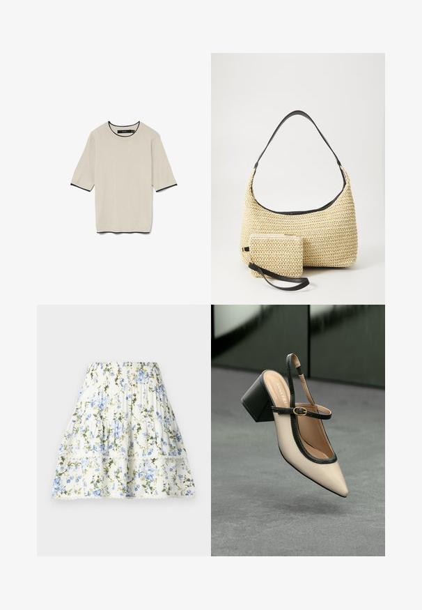 Krátký rukáv, světle béžové tričko s kulatým výstřihem a kontrastním černým lemem na výstřihu a rukávech, prezentované na plocho.; Květinová sukně bílá s modrými a zelenými květinami, s elastickým pasem, stupňovitý design a krajkový lem na spodním okraji. Lehká tkanina.; Beige boty s špičatou špičkou a otevřenou patou, černými detaily, zlatou přezkou a silným blokovým podpatkem, na šedé podlaze s tmavě zeleným pozadím.; Tkaná slaměná taška s zakřiveným siluetou, která má hladký černý kožený popruh a odpovídající malou taštičku připevněnou zápěstním páskem.