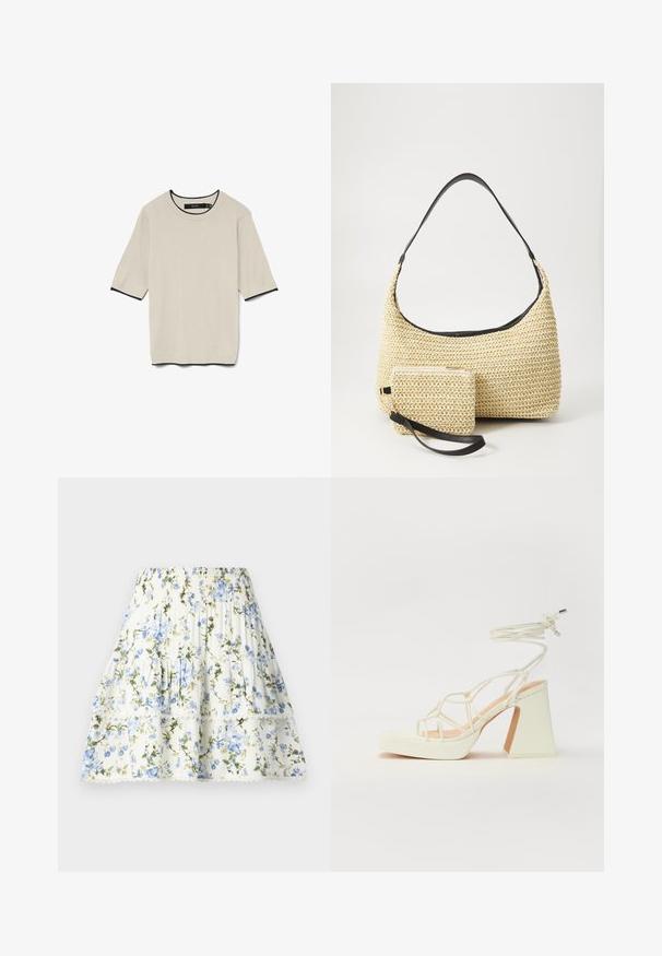 Krátký rukáv, světle béžové tričko s kulatým výstřihem a kontrastním černým lemem na výstřihu a rukávech, prezentované na plocho.; Květinová sukně bílá s modrými a zelenými květinami, s elastickým pasem, stupňovitý design a krajkový lem na spodním okraji. Lehká tkanina.; Bílé sandály na vysokém podpatku s robustním podpatkem, s designem s pásky a zavazováním kolem kotníku. Hladký povrch s platformou vpředu pro zvýšení výšky.; Tkaná slaměná taška s zakřiveným siluetou, která má hladký černý kožený popruh a odpovídající malou taštičku připevněnou zápěstním páskem.