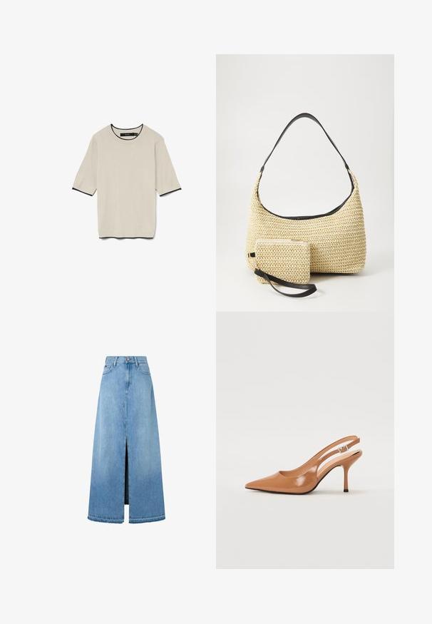Lühikeste varrukatega, heledast beežist T-särk, millel on ümar kaelus ja kontrastne must äär kaelusel ja varrukaotsadel, esitledes tasapinnal.; Heled sinine denim maxi-seelik, millel on ees lõhik, tüüpiline A-line kuju, lõpetatud serv ja klassikaline viie-tasku disain. Nööbiga kinnihoidmine vööl.; Küüntega slingback konts, mis on valmistatud siledast ja läikivast tan värvi materjalist. Omab kaarjat lõigatud disaini ja õhukest stiletto kontsa. Hõbedane pandla detail.; Kootud õlekott, millel on kõver siluett, ja sile must nahkrihm ning sobiv väike kott, mis on kinnitatud randme rihmaga.