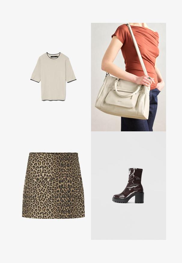 Iesvērta, gaiši beigu krāsas T-kreklu ar īsām piedurknēm, ar apaļu izgriezumu un kontrastējošu melnu apdari ap izgriezumu un piedurknēm, noformēts plakaniski.; Leparda raksta minisekss bežā un melnā krāsā, izgatavots no mīksta auduma ar gludu tekstūru un taisnu griezumu, ar vienkāršu jostu.; Spīdīgas bordo potīšu botītes ar masīlu melnu papēdi, kurām ir gluda tekstūra un vienkāršs dizains. Nav redzamu aizdari vai rakstu.; Balta ādas rokas soma ar diviem rokturiem un noņemamu siksnu, ar priekšējo rāvējslēdzēja kabatu un gludu tekstūru. Cilvēka rokā.