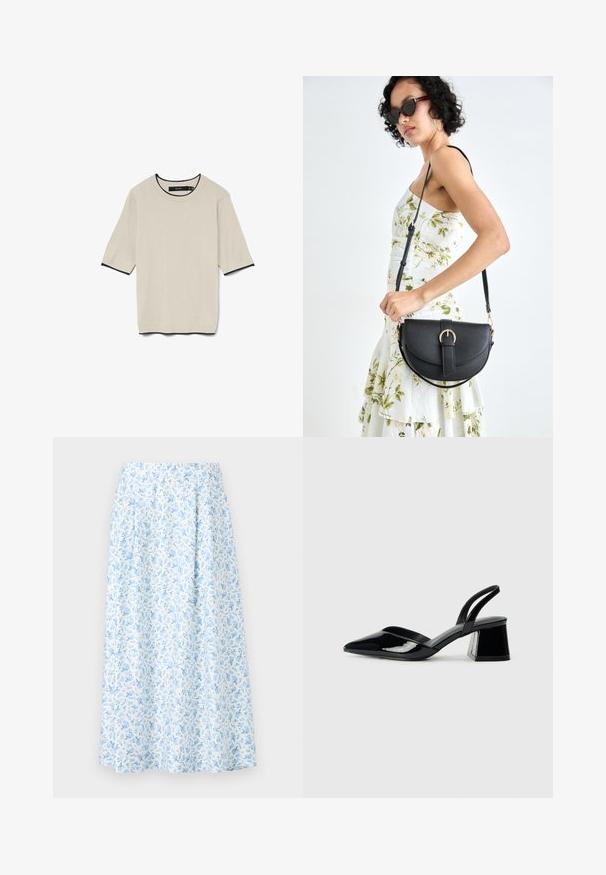 Short-sleeved, light beige T-shirt featuring a round neckline and contrasting black trim at the neckline and sleeves, presented flat.; Floral midi skirt in white and light blue, featuring a gathered waist, flared silhouette, and delicate blue floral pattern throughout.; Black patent leather slingback heels with a pointed toe and a geometric block heel. Features a sleek, minimal design and smooth texture.; Black leather handbag with a curved shape, detachable strap, and gold hardware. The bag features a flap with a buckle detail.
