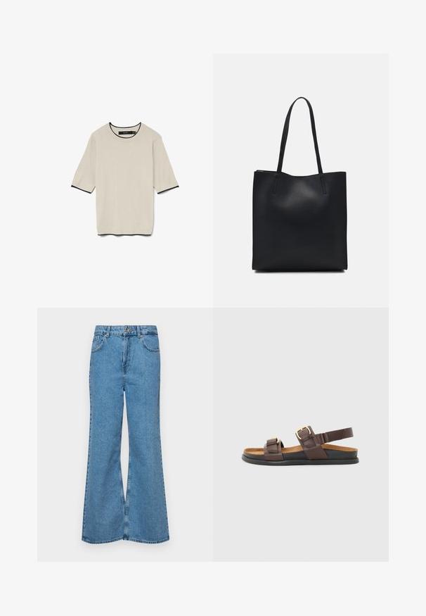 Lühikeste varrukatega, heledast beežist T-särk, millel on ümar kaelus ja kontrastne must äär kaelusel ja varrukaotsadel, esitledes tasapinnal.; Heledad sinine flared teksade rõivad, millel on kõrge talje, viis taskut ja üks nupulukk. Pehme tekstuur ja pleekinud viimistlus.; Pruunist nahast sandaalid, millel on kaks reguleeritavat rihma metallist nööpidega, pehme sisetallaga ja painduv must kummitald.; Mustast nahast kott sujuva tekstuuriga, ristkülikukujuline ja kahe pika sangaga. Pole nähtavat riistvara ega kaunistusi.