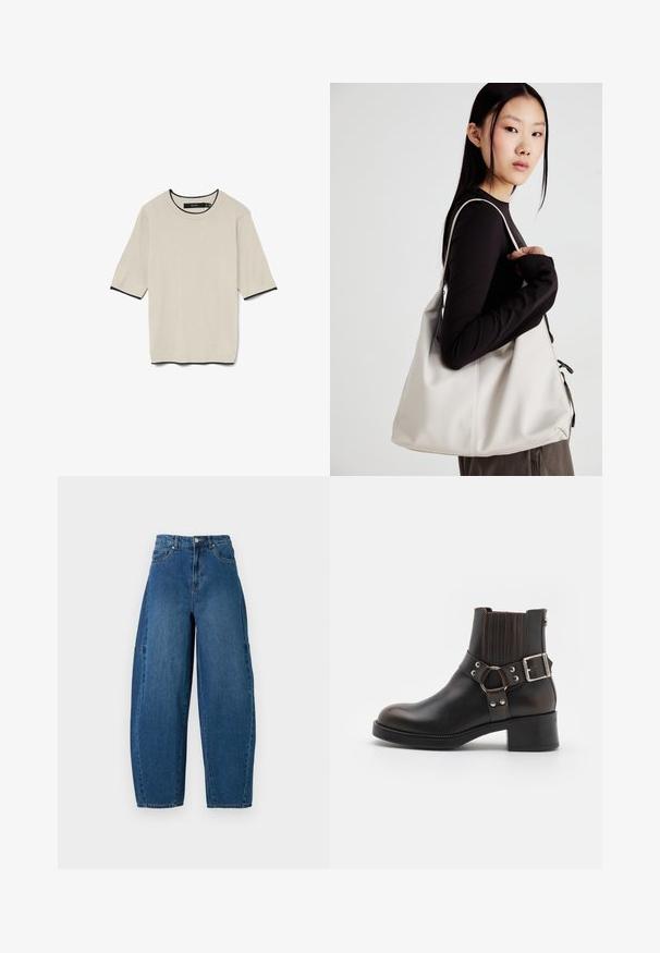 Lühikeste varrukatega, heledast beežist T-särk, millel on ümar kaelus ja kontrastne must äär kaelusel ja varrukaotsadel, esitledes tasapinnal.; Keskmise sinise tooniga teksad, millel on kõrge talje, lai jalaliik ja standardne viie taskuga disain koos nähtavate õmbluste detailidega.; Mustmust mustrannaga, ümarate varvastega, elastsete külgpanelidega ja dekoratiivse kinnitusriba. Omab kontrastset õmblust ja madalat kontsat.; Bež käekott pehme materjali, millel on lõtv disain, õmblustega detailid ja kaks õlarihma. Sobib igapäevaseks kasutamiseks.