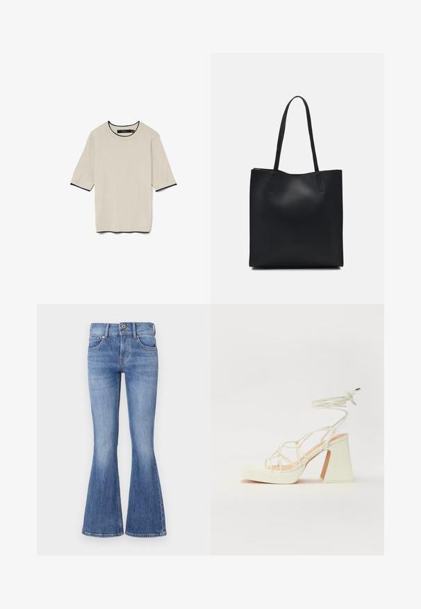 T-shirt à manches courtes de couleur beige clair avec un col rond et une bordure noire contrastante au niveau du col et des manches, présenté à plat.; Jean en denim bleu évasé avec une taille mi-haute, cinq poches et un lavage clair. Présente un léger décoloration et des coutures contrastées.; Sandale blanche à talons hauts avec un talon épais, présentant un design à lanières et un lien autour de la cheville. Texture lisse avec une plateforme à l'avant pour une hauteur supplémentaire.; Sac fourre-tout en cuir noir avec une texture lisse, de forme rectangulaire et deux longues poignées. Pas de matériel ou d'ornementations visibles.