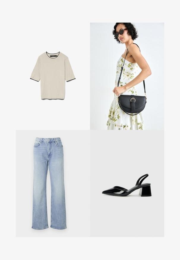 Kortärmad, ljusbeige T-shirt med rund hals och kontrasterande svart kant vid halsringningen och ärmarna, presenterad platt.; Ljust blå vida jeans i denim med hög midja, fem fickor och en fåll med subtil slitage.; Svarta lackläder slingback klackar med spetsig tå och geometrisk klack. Har en elegant, minimalistisk design och slät yta.; Svart läderhandväska med en böjd form, avtagbar rem och guldiga detaljer. Väskan har ett lock med en spänndetalj.