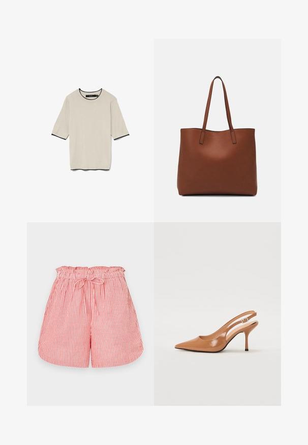 Lühikeste varrukatega, heledast beežist T-särk, millel on ümar kaelus ja kontrastne must äär kaelusel ja varrukaotsadel, esitledes tasapinnal.; Punane ja valge triibuline šorts, millel on elastne vöökoht ja nöörsulgur. Omab vabalt istuvat lõiget ja siledat tekstuuri.; Küüntega slingback konts, mis on valmistatud siledast ja läikivast tan värvi materjalist. Omab kaarjat lõigatud disaini ja õhukest stiletto kontsa. Hõbedane pandla detail.; Pruun nahast tote-kott, millel on sile tekstuur, avatud ülaosa disain ja kaks õlarihma. Omab minimaalset õmblust ja nähtavat riistvara ei ole.