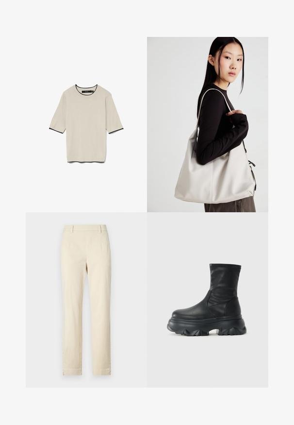 Trumpą rankovę, šviesiai smėlinę marškinėlį su apvalia iškirpte ir kontrastinga juoda apdaila ant iškirptės ir rankovių, pateiktą plokščiai.; Šviesiai rudos medvilninės kelnės su tiesiu sijonu, lygia priekiu ir subtiliais siūlėmis. Nėra matomų kišenių ar priedų.; Juodos vidutinio ilgio auliniai batai su lygaus odos viršumi ir storu, išraižytu masyviu padu su giliu protektoriumi.; Bežinė rankinė, pagaminta iš minkštos medžiagos, turinti laisvą dizainą, siuvinėtas detalės ir dvi petnešos. Tinkama kasdieniam naudojimui.