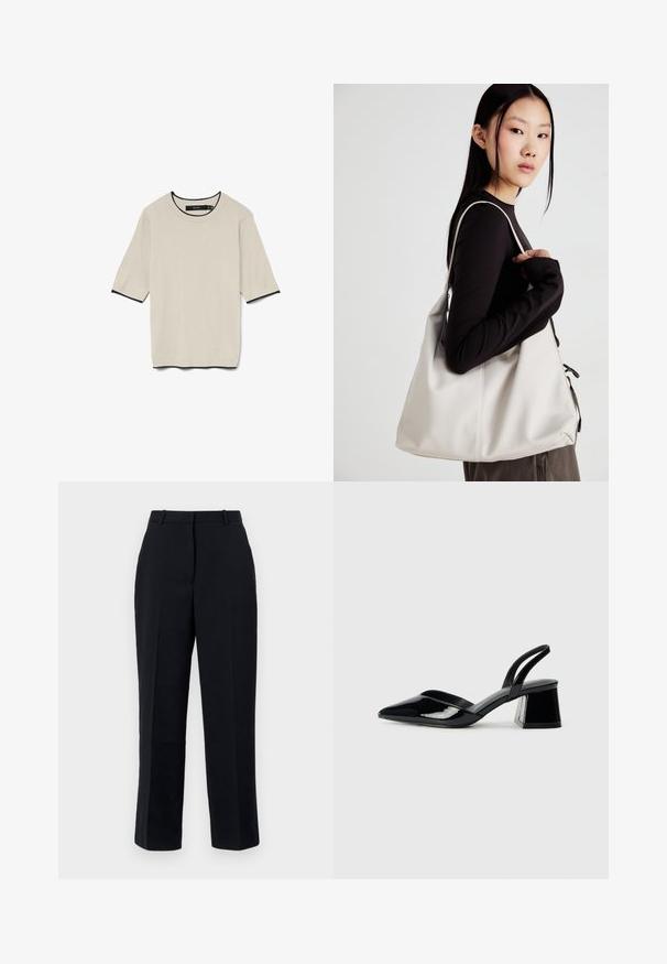 Trumpą rankovę, šviesiai smėlinę marškinėlį su apvalia iškirpte ir kontrastinga juoda apdaila ant iškirptės ir rankovių, pateiktą plokščiai.; Juodos kelnes tiesaus kirpimo, su lygiu audiniu, raukšlių detale, diržo kilpelėmis ir šoniniais kišenėmis. Tinka oficialiam dėvėjimui.; Juodos lakuotos odinės šlepetės su smailiu pirštu ir geometriniu bloko kulnu. Turi elegantišką, minimalistinį dizainą ir lygų paviršių.; Bežinė rankinė, pagaminta iš minkštos medžiagos, turinti laisvą dizainą, siuvinėtas detalės ir dvi petnešos. Tinkama kasdieniam naudojimui.