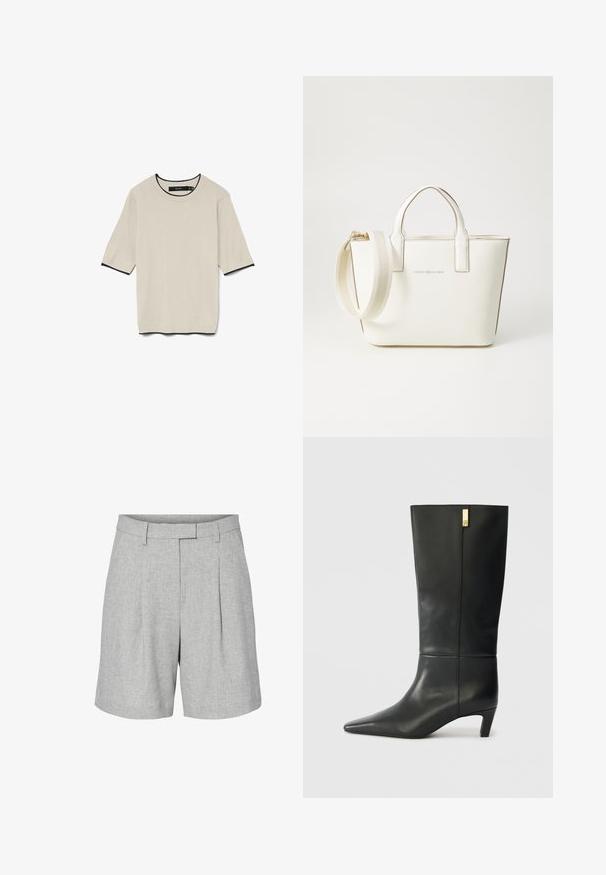 Camiseta de manga corta en color beige claro con cuello redondo y ribetes en negro en el cuello y las mangas, presentada de forma plana.; Pantalones cortos ajustados en gris claro, elaborados con una tela texturizada, que cuentan con una cinturilla, pliegues y un corte de pierna recta.; Bota de cuero negro hasta la rodilla con puntera afilada y un pequeño tacón. Presenta un diseño elegante con un detalle en dorado. Textura suave.; Bolso de mano de cuero sintético blanco con asas cortas, correa de hombro ajustable y herrajes en tono dorado; presenta un sutil logo en la parte frontal.