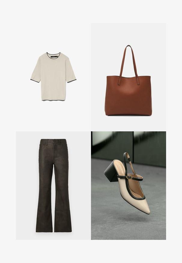 T-shirt à manches courtes de couleur beige clair avec un col rond et une bordure noire contrastante au niveau du col et des manches, présenté à plat.; Jeans évasés en similicuir marron avec une texture lisse, dotés de cinq poches et d'une fermeture éclair à glissière. Coutures contrastantes le long des coutures.; Escarpin beige à bout pointu et bride arrière, avec des finitions noires, une boucle dorée et un talon bloc épais, posé sur un sol gris avec un fond vert foncé.; Sac fourre-tout en cuir marron avec une texture lisse, design à ouverture supérieure et deux poignées pour le porter à l'épaule. Présente des coutures minimales et aucun matériel visible.