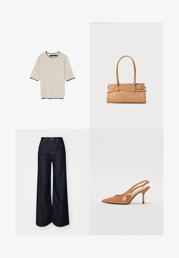 Kortärmad, ljusbeige T-shirt med rund hals och kontrasterande svart kant vid halsringningen och ärmarna, presenterad platt.; Lee STELLA - Jeans relaxed fit - dark beat; Tåspets slingback-häl i ett slätt, glansigt brunt material. Har en kurvad utskärning och en smal stilettklack. Silverdetalj med spänne.; Tan mockasinväska med två långa handtag, rektangulär form och dekorativ sömnad. Har en sidremsa och subtila detaljer i guldmetall.