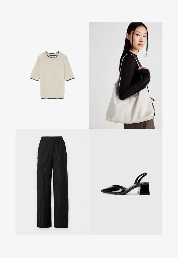 T-maica kratkih rukavov, svetle bež barve, z okroglo izrezano vrvico ter kontrastnim črnim robom okoli izreza in rokavov, predstavljena raven.; Črne široke hlače iz teksturirane tkanine z navpičnimi srebrnimi črtami, elastičnim pasom in stranskimi žepi.; Črne lakirane slingback pete s koničastim nosom in geometrijsko blokasto peto. Imajo eleganten, minimalističen dizajn in gladko teksturo.; Bežna torbica iz mehkega materiala, z ohlapno zasnovo, šivi in dvema naramnicama. Primerna za vsakodnevno uporabo.