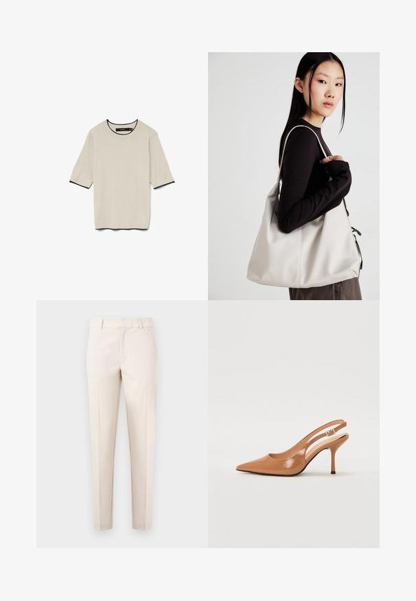 Iesvērta, gaiši beigu krāsas T-kreklu ar īsām piedurknēm, ar apaļu izgriezumu un kontrastējošu melnu apdari ap izgriezumu un piedurknēm, noformēts plakaniski.; Beige bikses, kas izgatavotas no maiga, gluda auduma. Funkcionāls taisns kāju dizains, plakana priekšpuse ar kabatām un jostasvietas daļa ar jostu cilpiņām.; Izteikts pirksta siksnas zābaks, izgatavots no gludas, spīdīgas brūnas materiāla. Piedāvā izliekta izgriezuma dizainu un smalku stiletto papēdi. Sudraba sprādze.; Bežs rokassoma, izgatavota no mīksta materiāla, ar brīvu dizainu, izšūtu apdari un divām plecu siksnām. Piemērota ikdienas lietošanai.