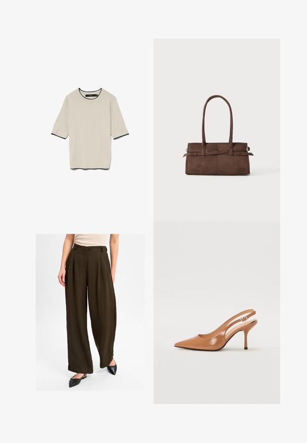 Korte mouwen, lichtbeige T-shirt met een ronde hals en contrasterende zwarte afwerking bij de hals en mouwen, plat gepresenteerd.; MSCH Copenhagen Broek - tanne; Puntige slingback hak in een glad, glanzend beige materiaal. Bevat een gebogen uitsnijdontwerp en een slanke stiletto hak. Zilveren gesp detail.; Bruine suède handtas met twee stevige handvatten, een rechthoekige vorm en een decoratieve band over de voorkant.