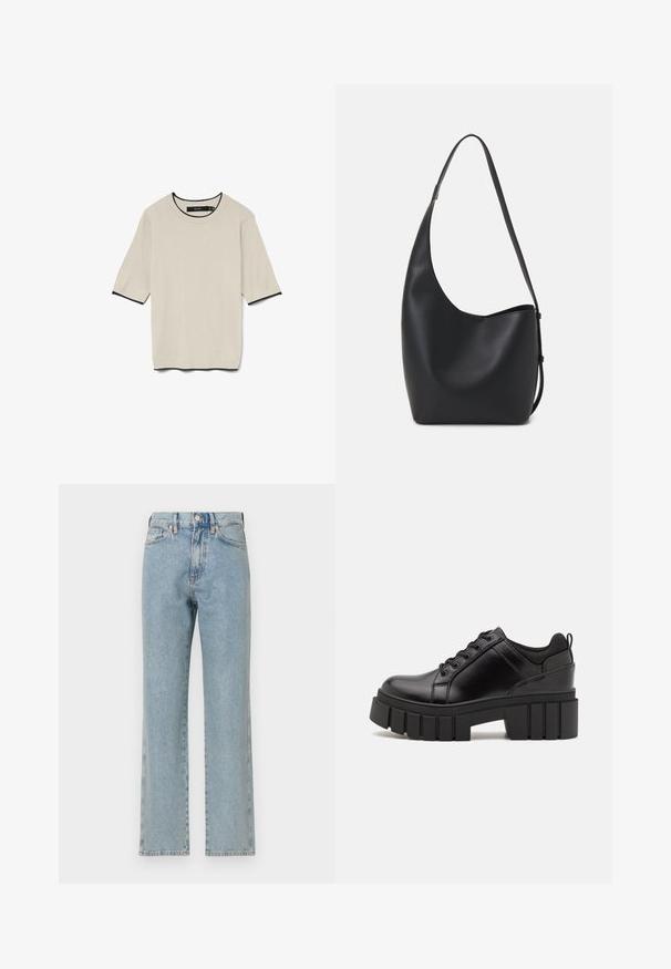 T-maica kratkih rukavov, svetle bež barve, z okroglo izrezano vrvico ter kontrastnim črnim robom okoli izreza in rokavov, predstavljena raven.; Svijetloplave traperice s ravnim nogavicama, pet džepova, zatvaračem na gumb i suptilnom teksturom. Nema vidljivih oštećenja ili uzoraka.; Črne usnjene platforme z debelim blokastim petam, okroglo konico in klasičnim vezanjem. Imajo gladko teksturo in minimalne podrobnosti.; Črna usnjena hobo torba z gladko teksturo, ukrivljeno obliko in eno nastavljivo naramnico; ima širok odprtina na vrhu.