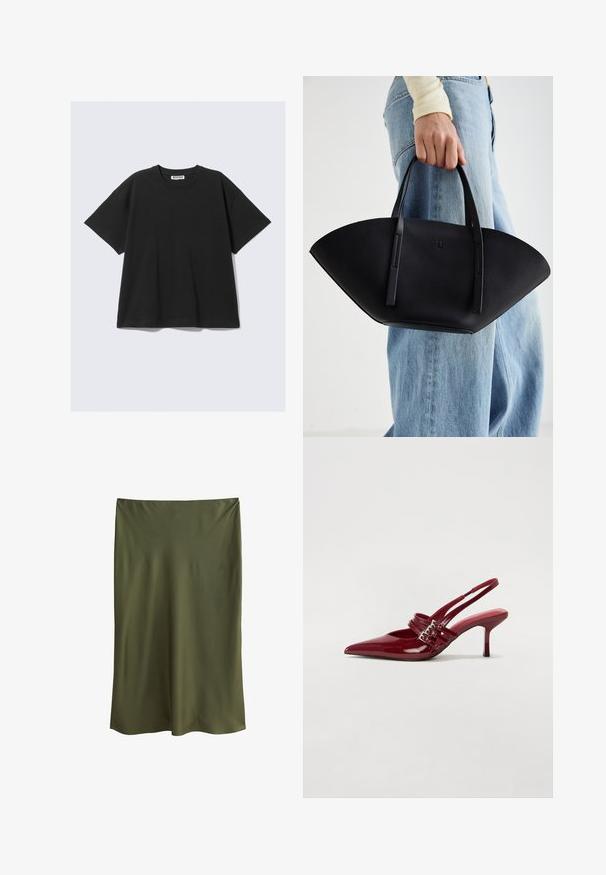 T-shirt nera a maniche corte in cotone con una vestibilità rilassata, colletto rotondo e design minimalista. Nessun motivo o accento visibile presente.; Gonna midi in satin verde oliva con una texture liscia e design dritto, caratterizzata da una vita leggermente drappeggiata per un look minimalista.; Décolleté slingback in vernice rossa con punta affusolata, due cinturini con fibbia e un sottile tacco a stiletto di media altezza. Texture liscia.; Borsa a tracolla in pelle nera con una forma a ventaglio unica, dotata di manici piatti. La superficie presenta una texture a ciottoli e un design minimalista.