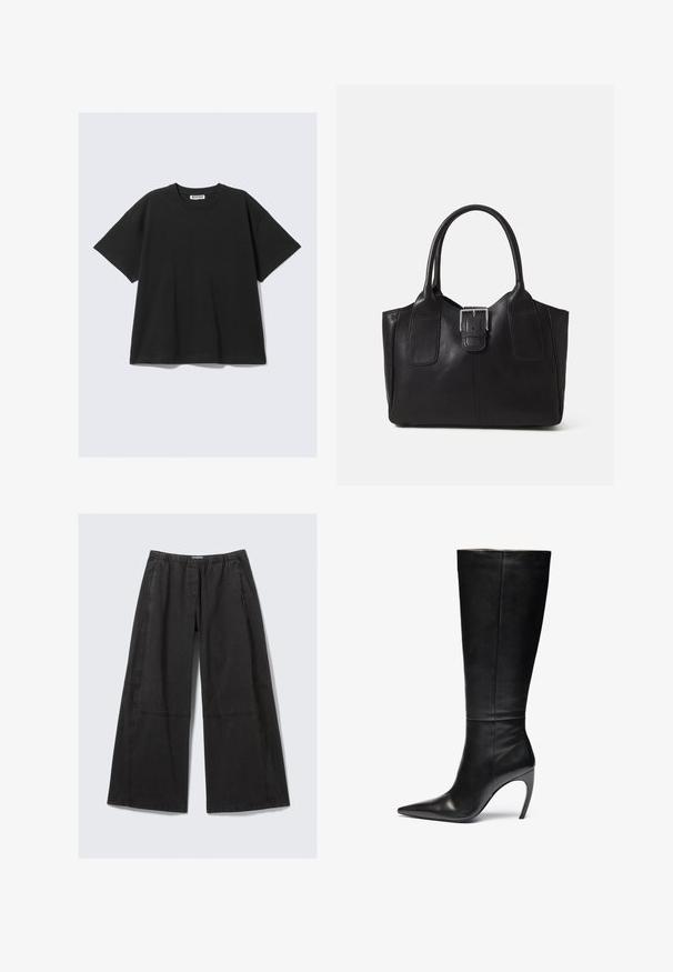 Camiseta negra de manga corta en algodón con un corte relajado, cuello redondo y diseño minimalista. Sin patrones ni acentos visibles.; Pantalones de pierna ancha negros hechos de algodón. Presentan una cintura elástica y costuras laterales con detalles de costura. Frente plano sin bolsillos.; Bota alta de cuero negro hasta la rodilla con punta afilada y alto tacón de aguja; textura elegante y suave con costuras sutiles y sin hardware visible.; Bolso tote de cuero negro con textura suave, forma estructurada, dos asas y un prominente detalle de hebilla plateada en la parte frontal.
