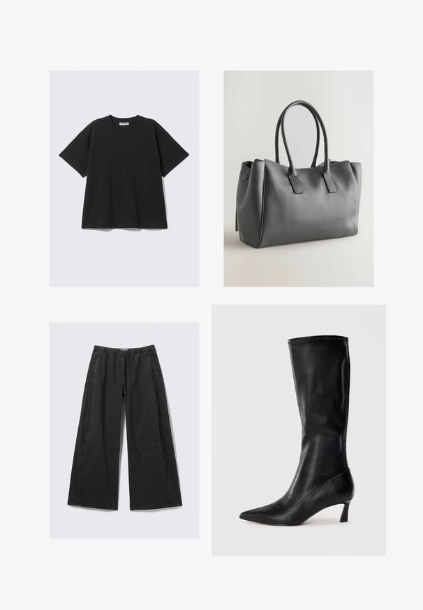 Must t-särk lühikeste varrukatega, valmistatud puuvillast, lõdva silueti, ümmarguse kaelaaugu ja minimalistliku disainiga. Ilma mustrite või nähtavate detailideta.; Mustad laiad mustad püksid, mis on valmistatud puuvillast. Omavad elastset vööd ja külgõmblusi, millel on tikandid. Lame eesosa, ilma taskuteta.; Must muste kõrgsaapad mustast nahast, millel on terav nina ja tagasihoidlik konts. Sile tekstuur ja stiilne disain koos peente õmbluste üksikasjadega.; Hallhalli nahast käekott, millel on kaks käepidet, ristkülikukujuline kuju, sile tekstuur ja minimalistik disain. Omab lameid külgpaneele ja õrna õmblust.