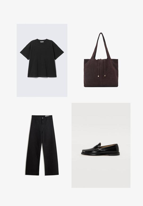 Schwarzes, kurzärmliges T-Shirt aus Baumwolle mit lässigem Schnitt, Rundhalsausschnitt und minimalistischem Design. Keine Muster oder sichtbaren Akzente vorhanden.; Schwarze weit geschnittene Jeans mit hoher Taille, ausgestattet mit Vorder- und Hintertaschen, gesteppten Nähten und einem Knopfverschluss. Glatte Textur.; Schwarze Lederlofer mit runder Zehenform, dekorativer Naht und flacher Sohle. Glatte Textur und minimalistisches Design.; Mango Shopping Bag - dark brown