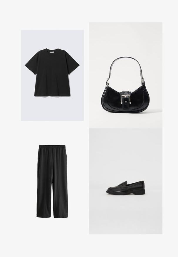 Zwarte korte mouw t-shirt van katoen met een relaxte pasvorm, ronde hals en minimalistisch ontwerp. Geen patronen of zichtbare accenten aanwezig.; Zwarte, knielange broeken van lichte stof. Elastische tailleband en een gladde textuur met een rechte pijp. Geen zichtbare details of patronen.; Marc O'Polo PAULA - Instappers - black; Zwarte leren handtas met een gebogen ontwerp, voorzien van een centrale gespdetail en een korte, gladde handgreep. Gestructureerde accenten verbeteren de uitstraling.