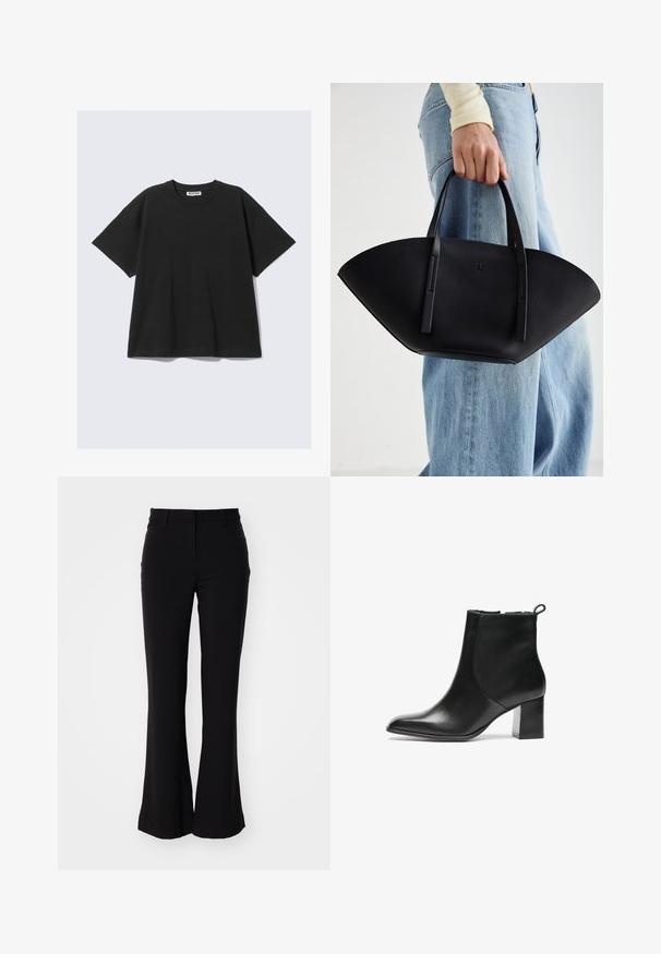 Črna kratka majica s kratkimi rokavi iz bombaža, sproščenega kroja, s krožnim izrezom in minimalističnim dizajnom. Brez vzorcev ali vidnih akcentov.; Črne široke hlače iz gladkega materiala, s srednje visokim pasom in stranskimi žepi, ki prikazujejo elegantno zasnovo in prilagojen kroj.; Črne usnjene gležnjarje z zaobljenim nosom, srednje visokim blokastim peto in zanko na hrbtni strani. Gladka tekstura, minimalističen dizajn.; Črna usnjena torbica z edinstveno obliko ventilatorja, z ravnimi ročaji. Površina ima teksturo z drobnimi kamni in minimalističen dizajn.