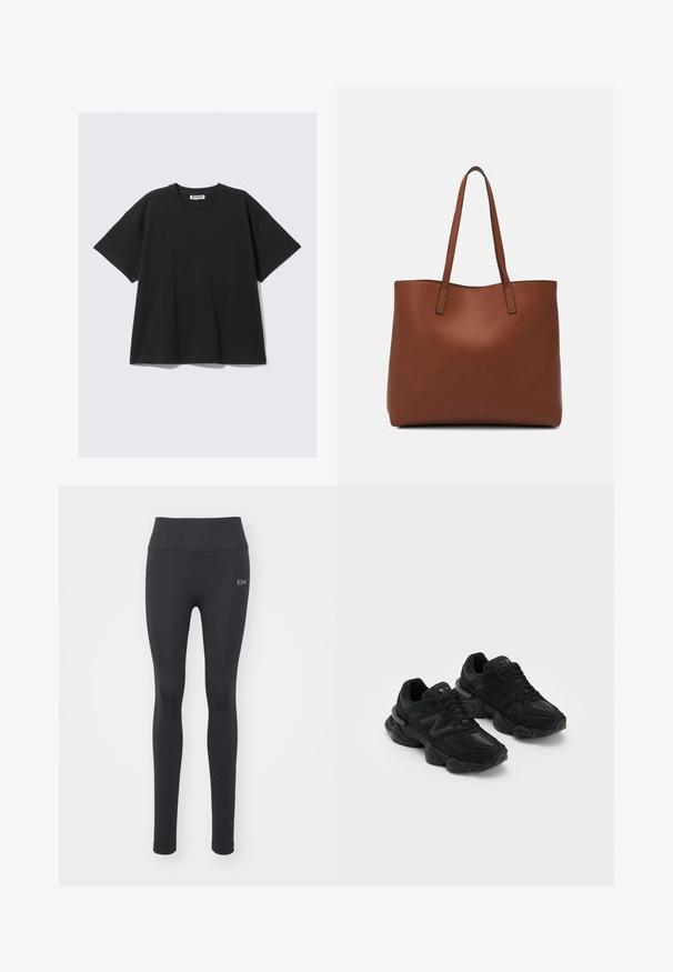 Svart kortermet t-skjorte i bomull med avslappet passform, rund hals og minimalisk design. Ingen mønstre eller synlige detaljer er til stede.; Svarte treningsleggings med glatt tekstur, høy midje og sømdetaljer. Har en liten logo på forsiden.; Sorte idrettssko med teksturert overdel, med en fremtredende "N"-logo, polstret såle og en slank, moderne silhuett.; Brun lær tote veske med en jevn tekstur, åpen toppdesign og to skulderstropper. Har minimal søm og ingen synlige spiker.