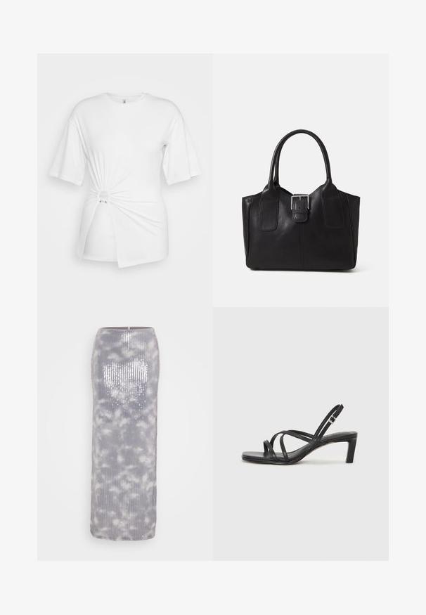 Biała koszulka z miękkiej bawełny, z krótkimi rękawami, z detalem w postaci skręconego węzła z przodu oraz akcentującym pierścieniem w talii.; Długa, szara spódnica z cekinami o teksturowanym żebrowanym wzorze i miękkim chmurowym wzorze. Posiada prostą sylwetkę oraz zamek błyskawiczny z tyłu.; Czarne sandały na obcasie z prostokątnym noskiem i niskim słupkowym obcasem. Posiadają wiele cienkich pasków i regulowany pasek na kostkę. Wykonane z gładkiej skóry.; Czarna skórzana torba tote o gładkiej fakturze, usztywnionym kształcie, dwóch uchwytach oraz wyraźnym srebrnym zapięciu na przodzie.