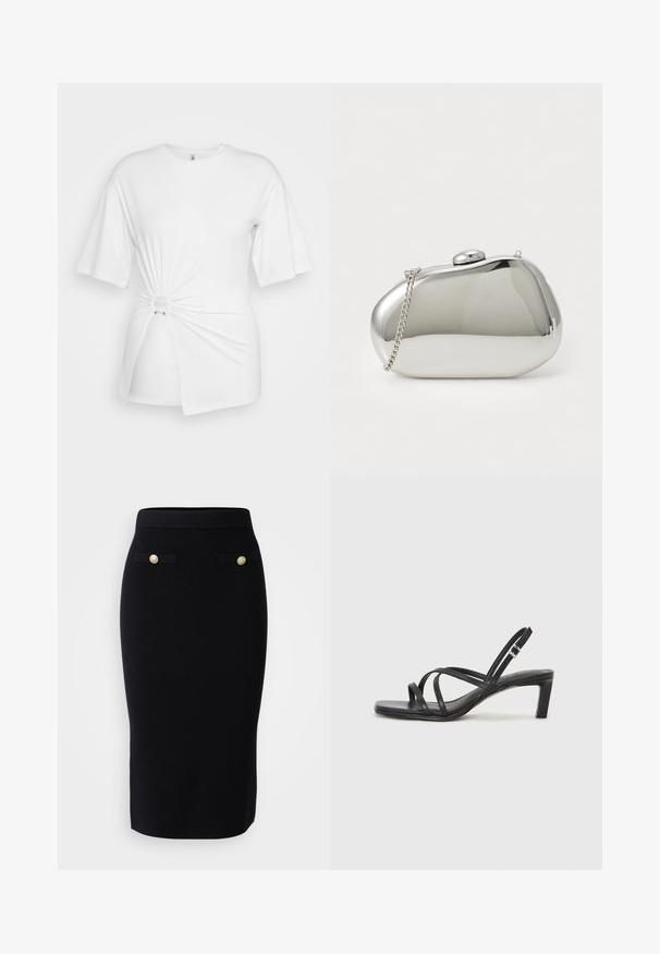 Balts T-krekls, kas izgatavots no mīkstas kokvilnas, ar īsām piedurknēm, priekšpusē ir pagrieztās mezgla detaļa un akcentējoša gredzena detaļa jostasvietā.; Vero Moda Tall VMSABA LENGHT SKIRT - Zīmuļsvārki - black; Melnas strappy sandales ar kvadrātveida purngaliem un zemu bloku papēdi. Ievērojamas ar vairākiem plāniem siksniņām un regulējamu potītes siksniņu. Izgatavotas no gludas ādas.; Sudraba metāla soma ar noapaļotu, gludu formu. Aprīkota ar sprādzi un noņemamu ķēdes siksnu. Spoguļojoša virsma bez rakstiem.