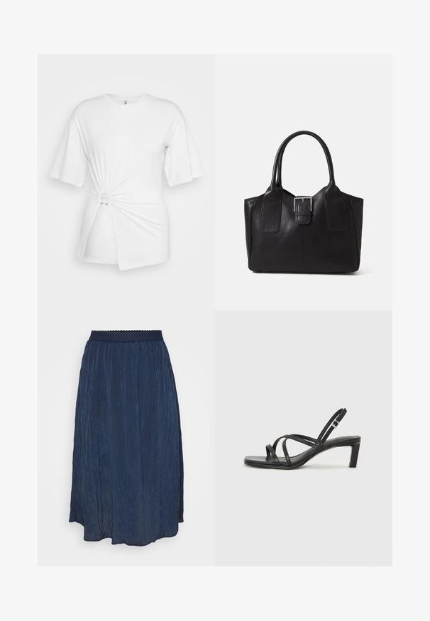 Balta marškinėliai, pagaminti iš minkštos medvilnės, su trumpomis rankovėmis, suktos mazgo detalėmis priekyje ir akcento žiedu liemenyje.; Tamsiai mėlyna klostuota sijonas su juosmeniu, turinčiu išskirtiniais kraštais. Pagamintas iš lengvo audinio, sijonas turi plazdančią konstrukciją ir švelnų tekstūrą.; Juodi šlepetės su kvadratiniu pirštu ir žemu bloku kulnu. Yra keli ploni dirželiai ir reguliuojamas kulkšnies diržas. Pagaminti iš lygios odos.; Juodas odinis nešiojamas krepšys su lygiu paviršiumi, struktūrine forma, dviem rankenėlėmis ir ryškiu sidabriniu sagties akcentu priekyje.; Sidabrinis dvigubas žiedas su lygiu, poliruotu paviršiumi. Pasižymi sklandžiu, kreiptu dizainu su persipinančiomis dalimis, suteikiančiomis modernų išvaizdą.